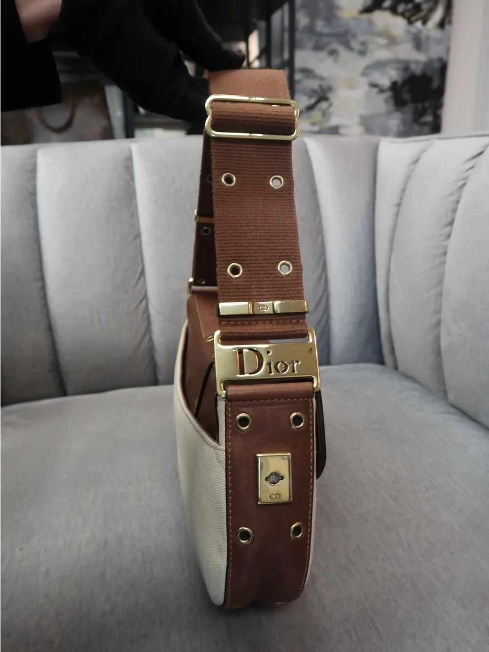 Dior Brown & Cream Canvas Shoulder Bag with Gold Hardware - Picture 10 of 10